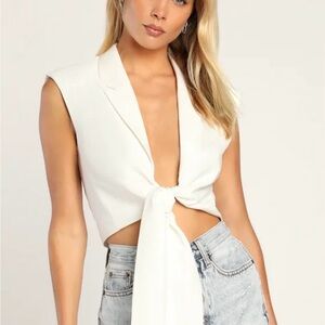 Ivory tie front jacket, off-white sexy tie front top, sleeveless cropped jacket